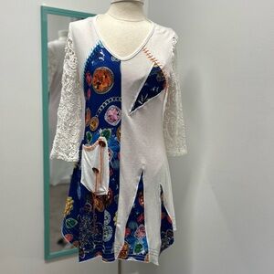 Colorful Patchwork Dress with Crochet Lace Sleeves